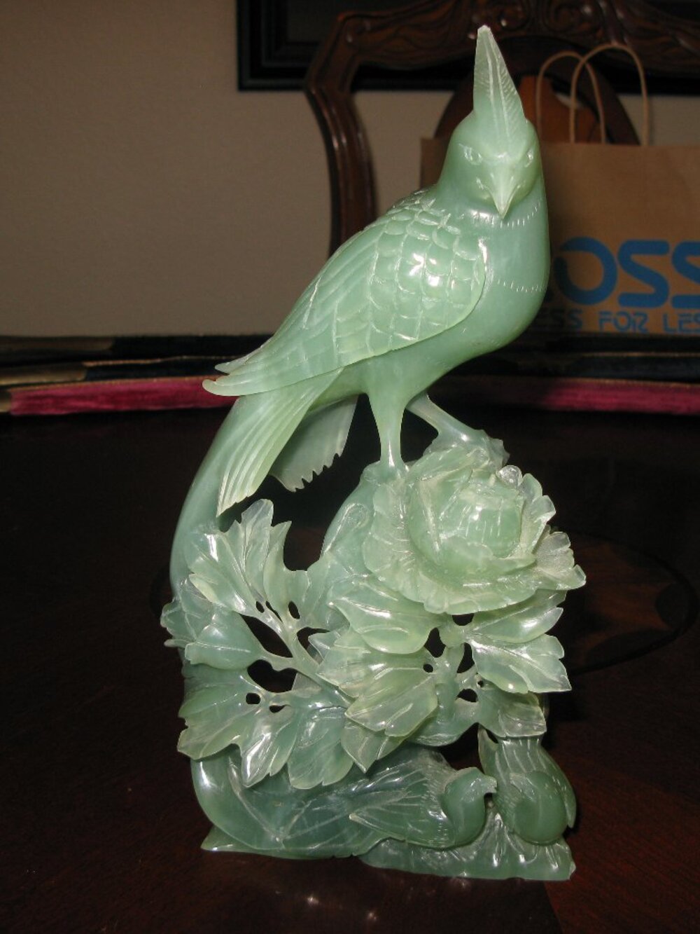 Antique  Carved Jade Bird & Flower Statue Vintage Wooden Base